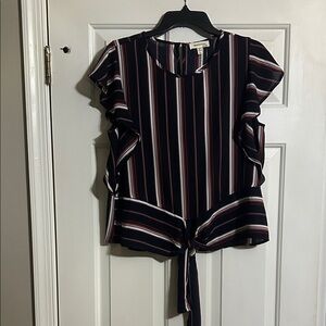 Sandro Navy and White Striped Ruffle Blouse